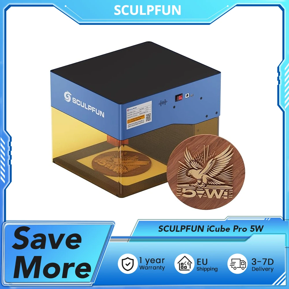 Graveur laser SCULPFUN iCube Pro 5W, point laser 0,06 mm, vitesse de gravure 100 mm/min, lentille remplaçable, filtre à fumée, 130 x 130 mm