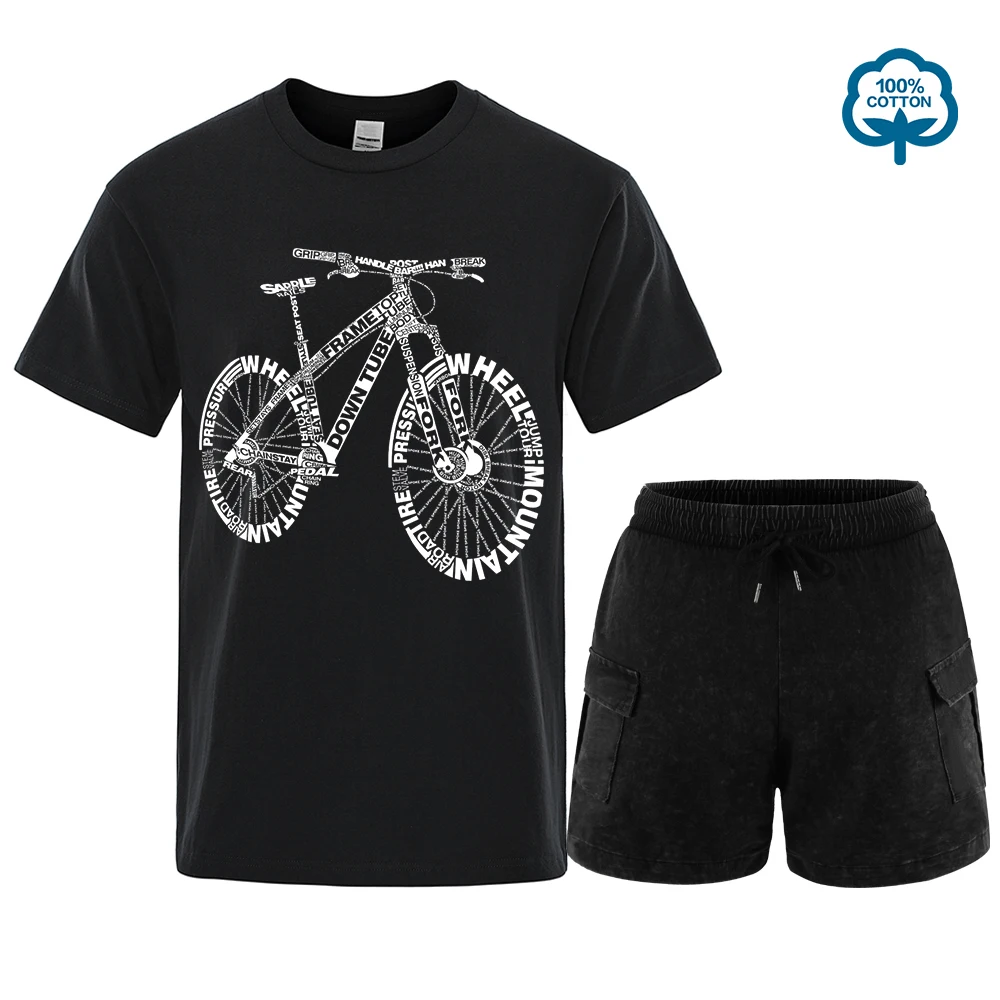 

Alphabet Style Mountain Bike Funny Print T-Shirts Set Men Summer Breathable Short Sleeves Loose Oversized Vintage Tee Clothes