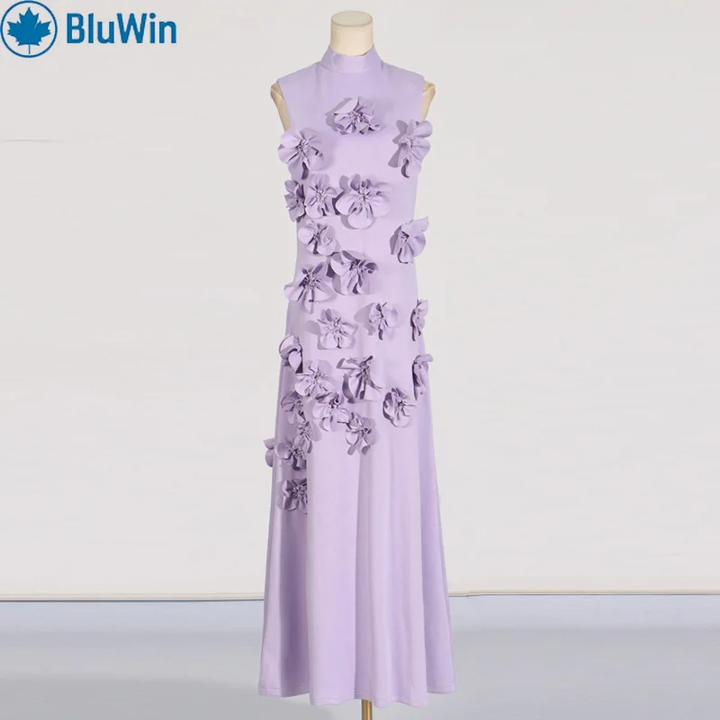 فستان BluWin 2025 طويل برقبة عالية بدون أكمام - مزين بالزهور ثلاثي الأبعاد، فستان طويل أنيق بلون موحد للنساء