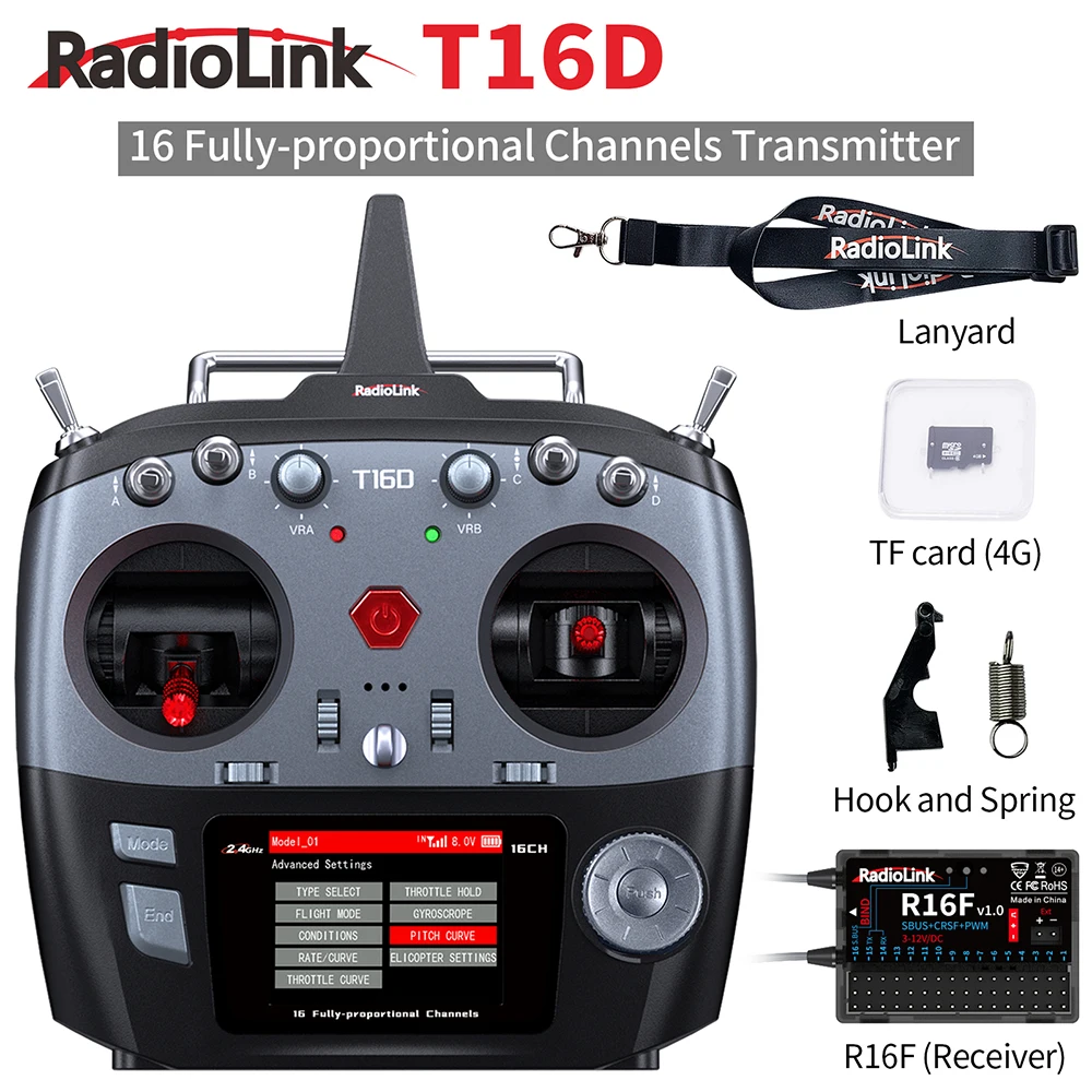 RadioLink T16D 16 Channels RC Transmitter 2.4GHz with R16F Receiver for RC Car Boat Drone