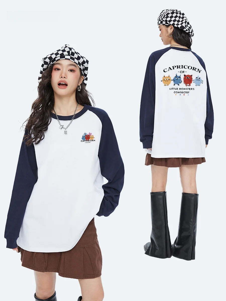 Capricorn Monster Print Long Sleeve Shoulder Insert Hoodie Loose Base Layer Shirt Long Top Cotton Pure Color round Neck T-shirt