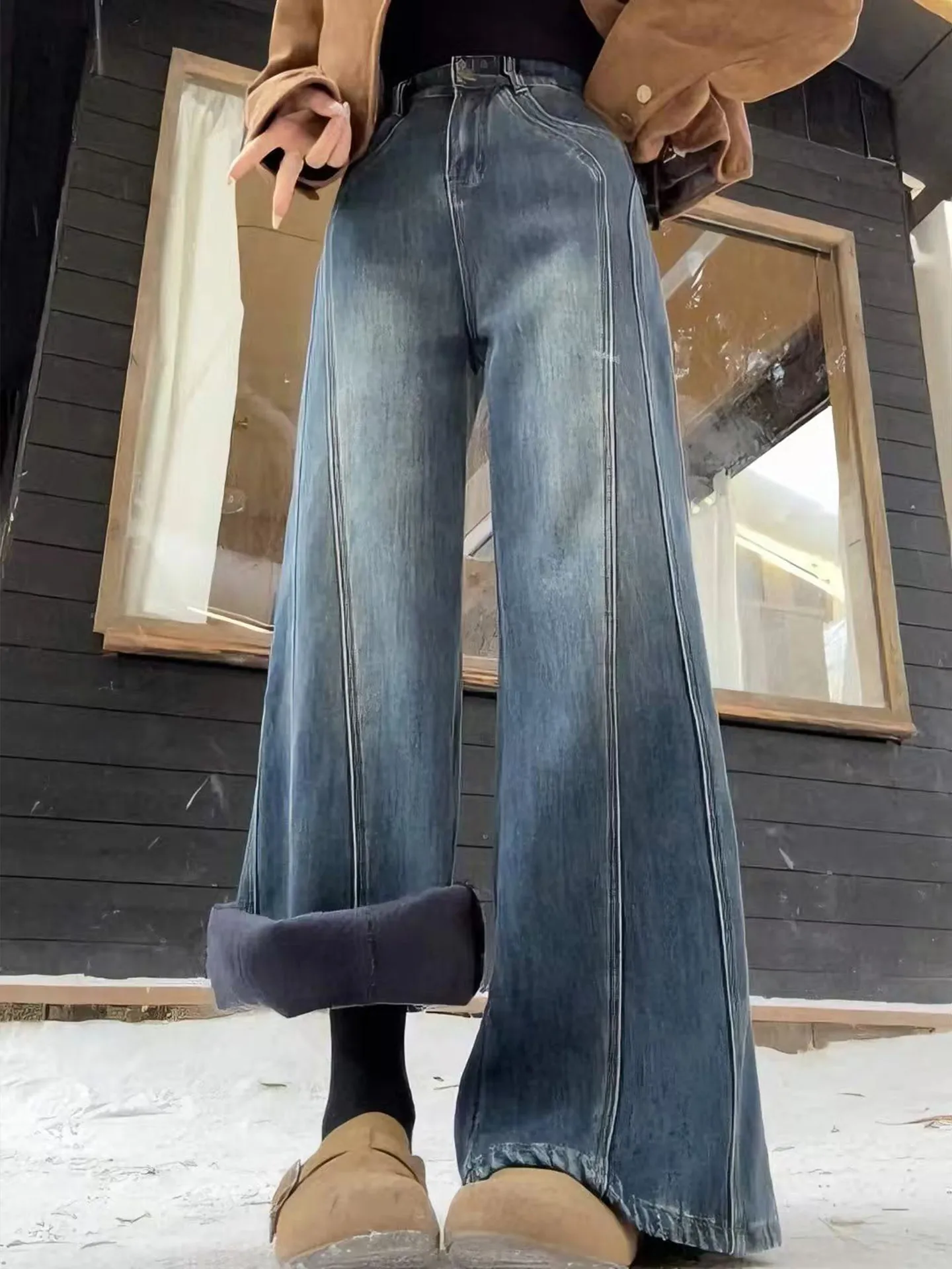

Fleece Lined Thickened Straight Leg Bell Bottom Jeans Women's Winter plus Size Slimming High Waist Cover Hip Flared Pants