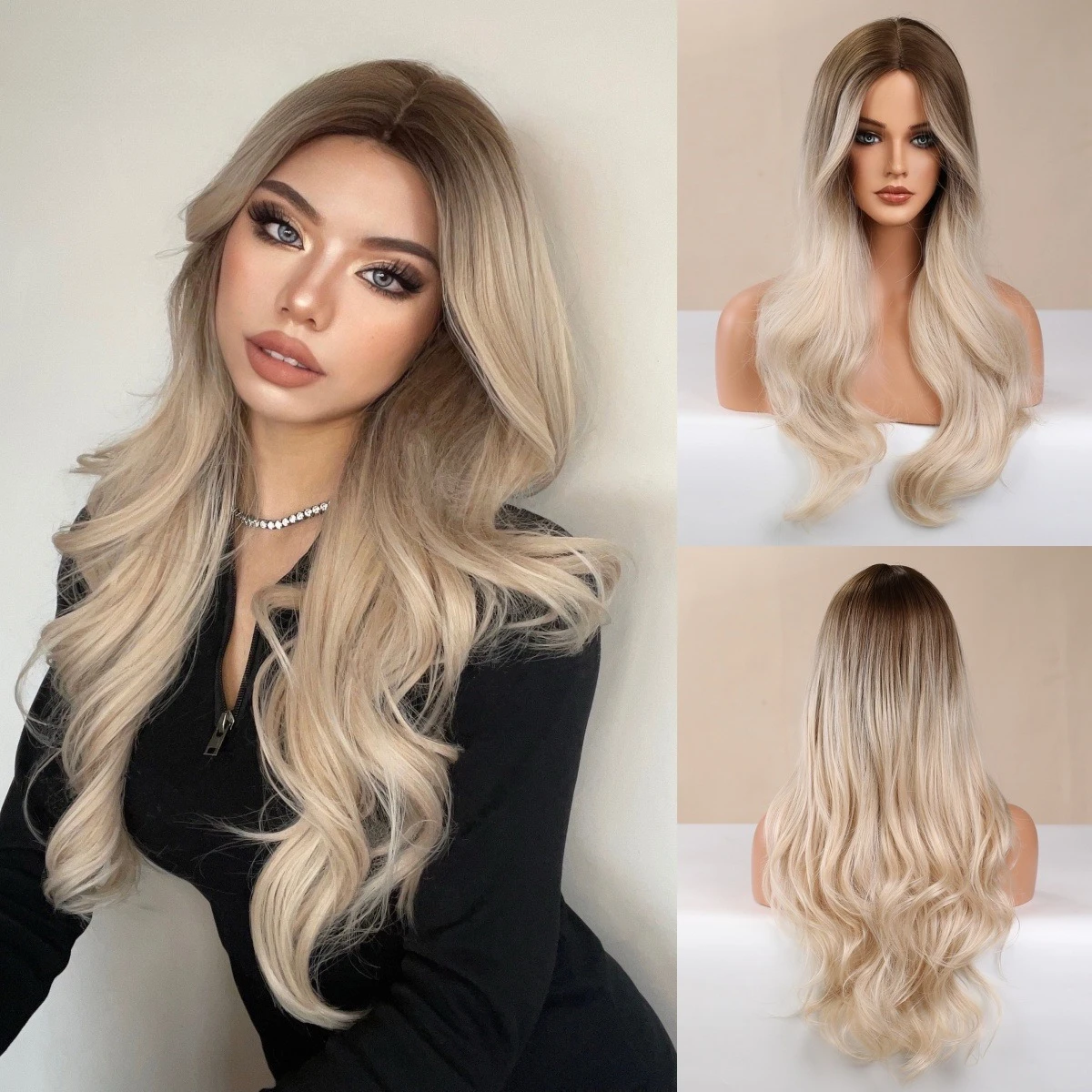 

Hot-selling medium points gradual change blond long curly hair big waves European and American style wig full head cover women