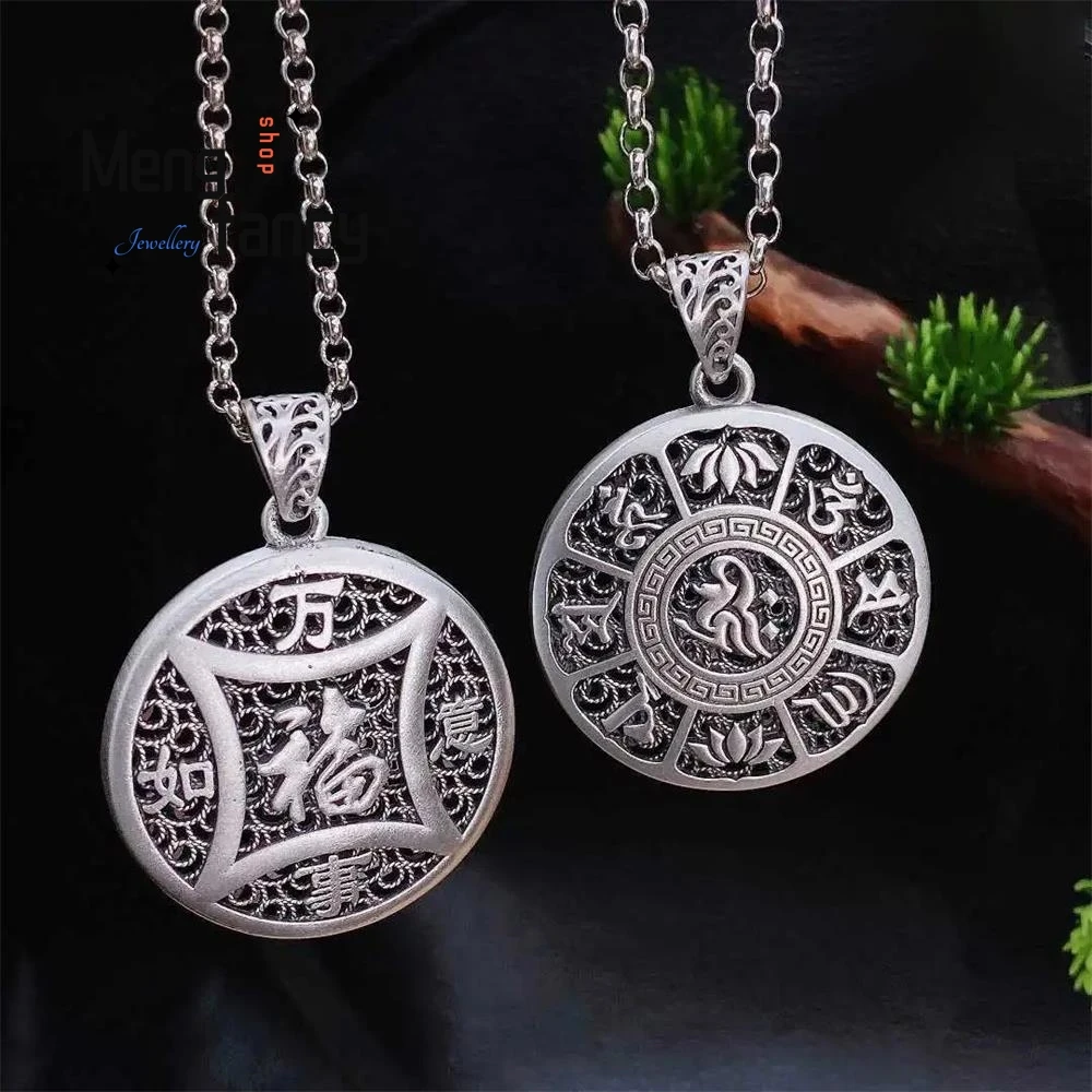 

S925 Sterling Silver Vintage Fashion Round Plaque Six Character Mantra Everything As One Wishes Pendant Luxury Fashion Jewelry