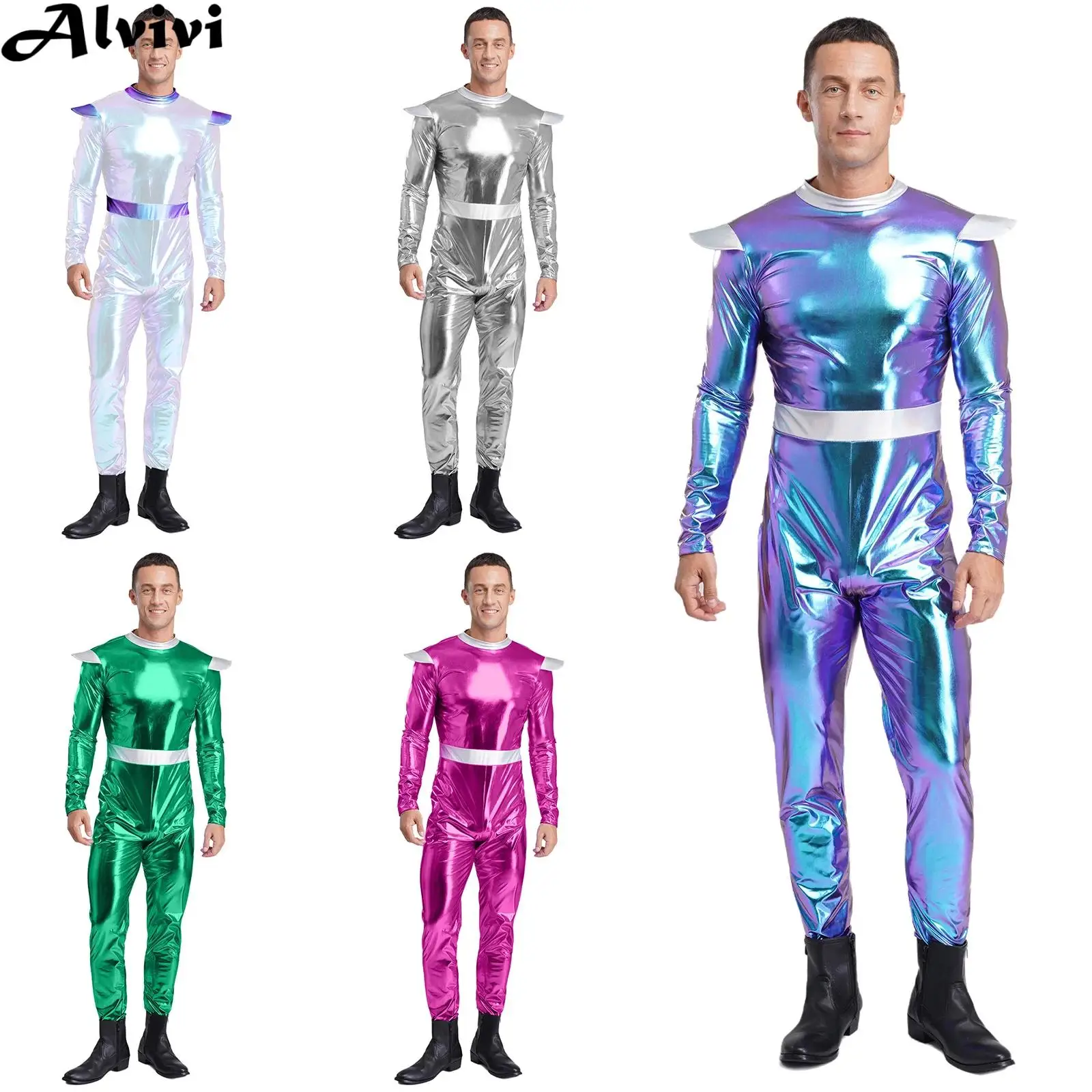 Adult 70s Disco Dance Jumpsuit Halloween Party Space Alien Robot Astronaut Cosplay Costume Long Sleeve Metallic Shiny Bodysuit