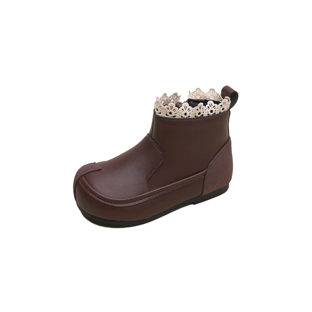 Autumn Children Chimney Boots Girls Retro Metal Zip Banquet Boots Little Princess Round Lace Design Leather Boots