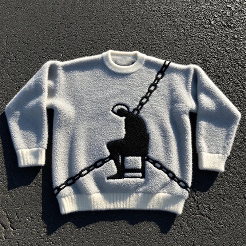 

Newly launched street style white sweater with unique chain and silhouette pattern - fashionable casual sweater