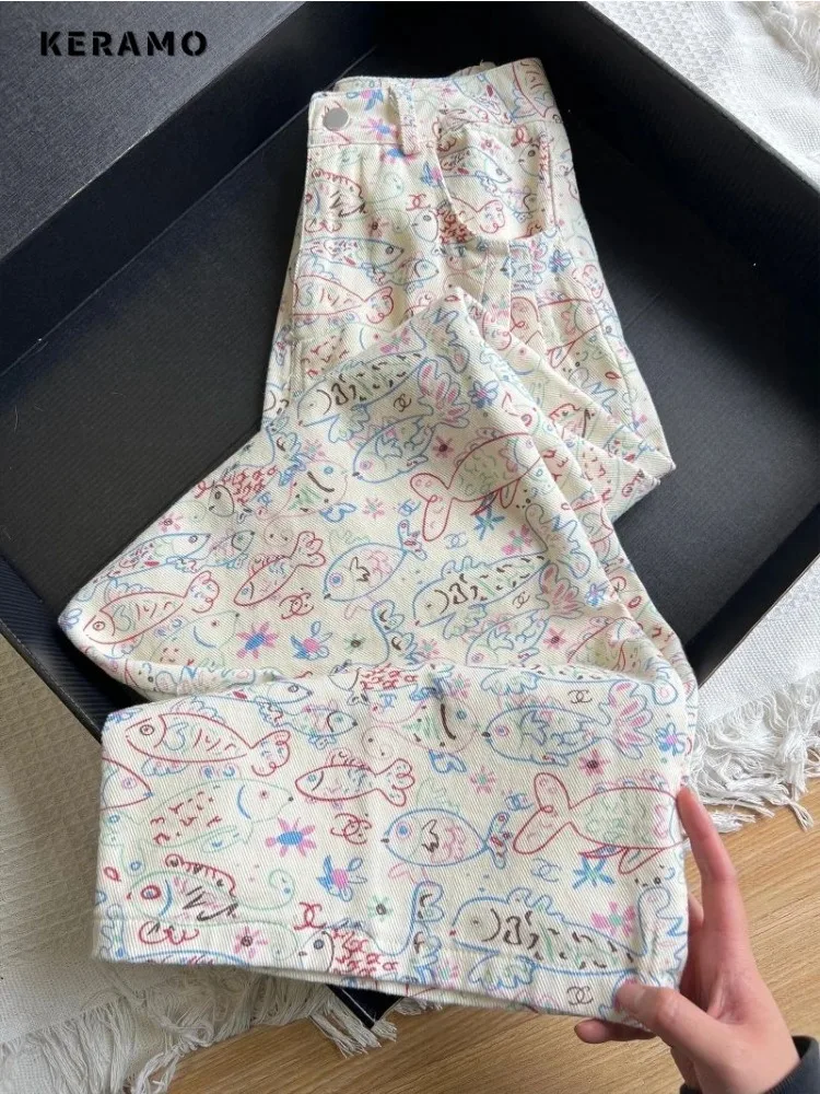 

2025 Winter Vintage Sweet Style Harajuku Jeans Y2K Street Baggy Fish Print Denim Trouser Women's Casual Cute Full Length Pants