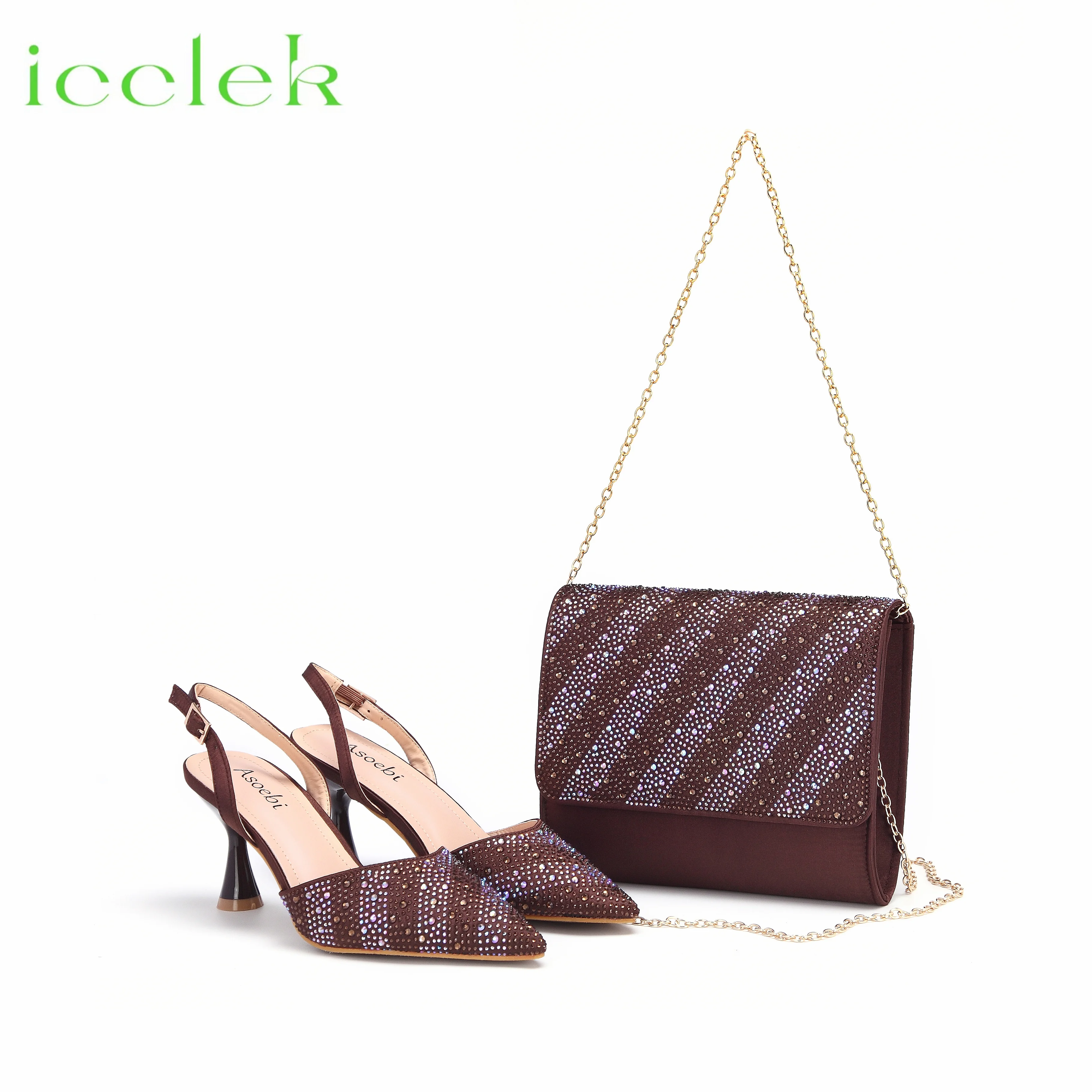 Newest Coffee Color Print Design High Heels Decorated with Water Rhinestone Party Women's Shoes and Bags Set