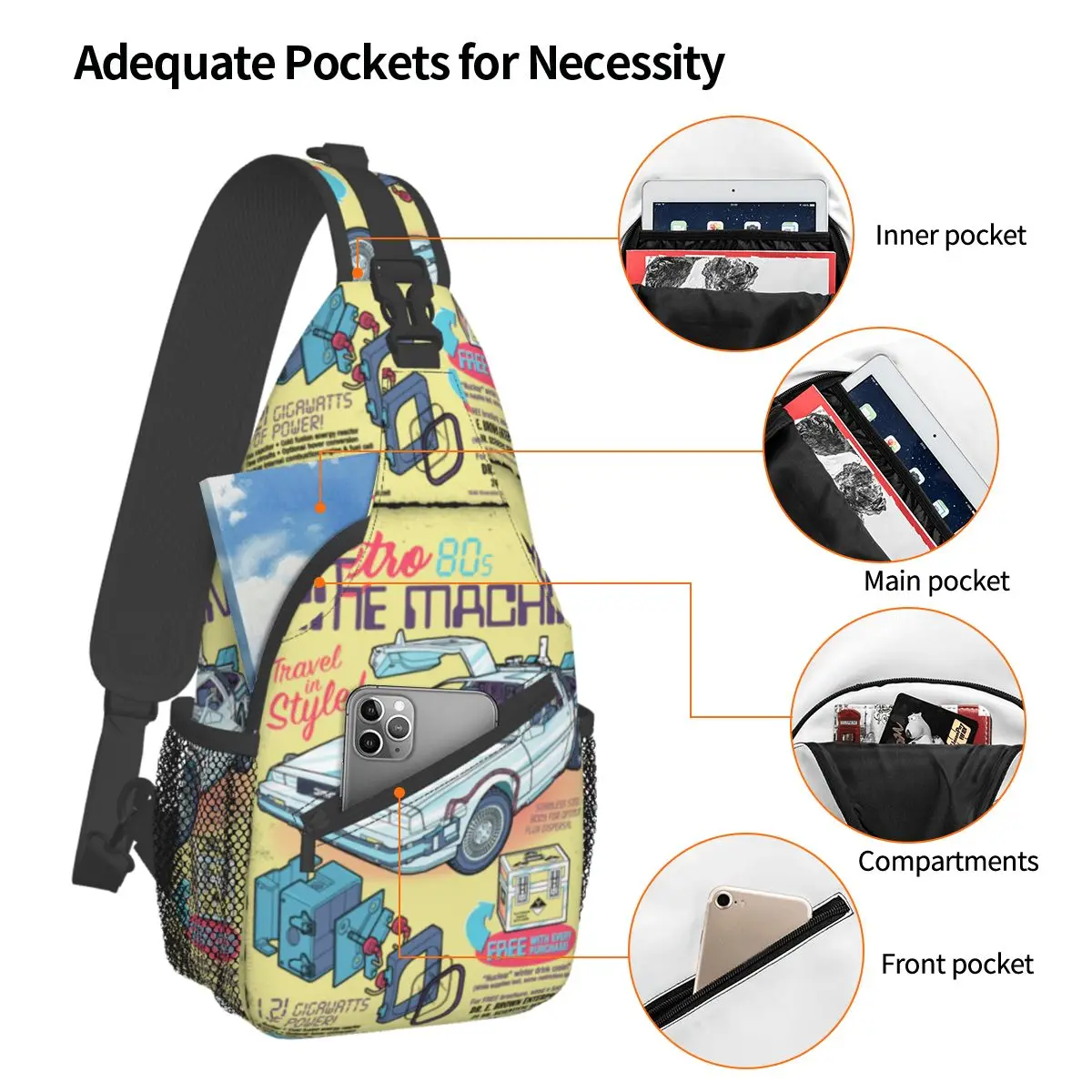 Retro Time Machine Small Sling Bags Peito Crossbody Shoulder Sling Mochila Outdoor Sports Daypacks Back to the Future Impresso