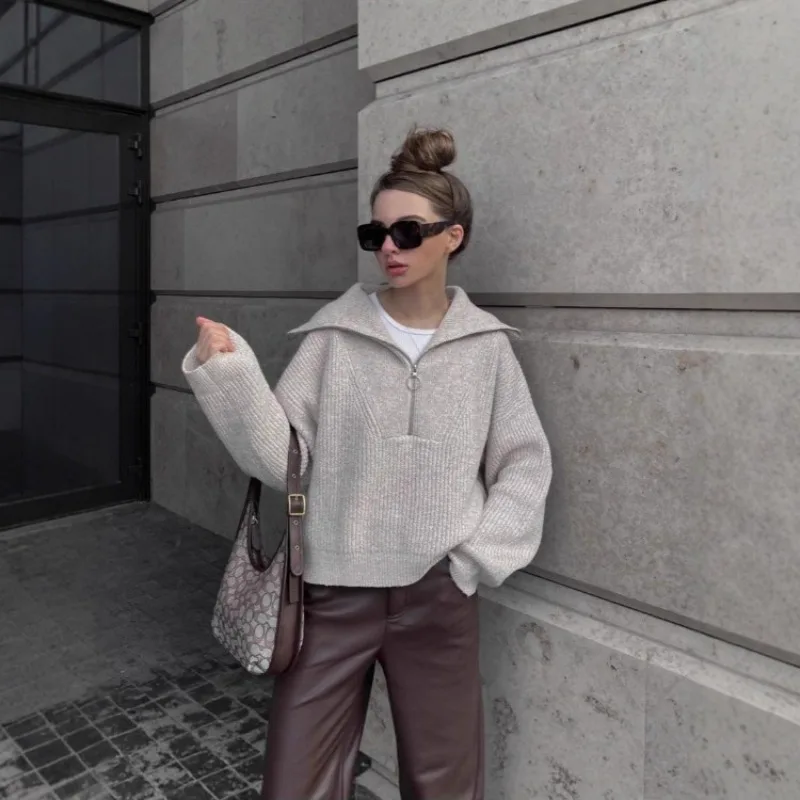 New Cross-border Semi-zipper Sweater for Women, European and American Spring Knitted Casual Jacket for Women Turn-down Collar