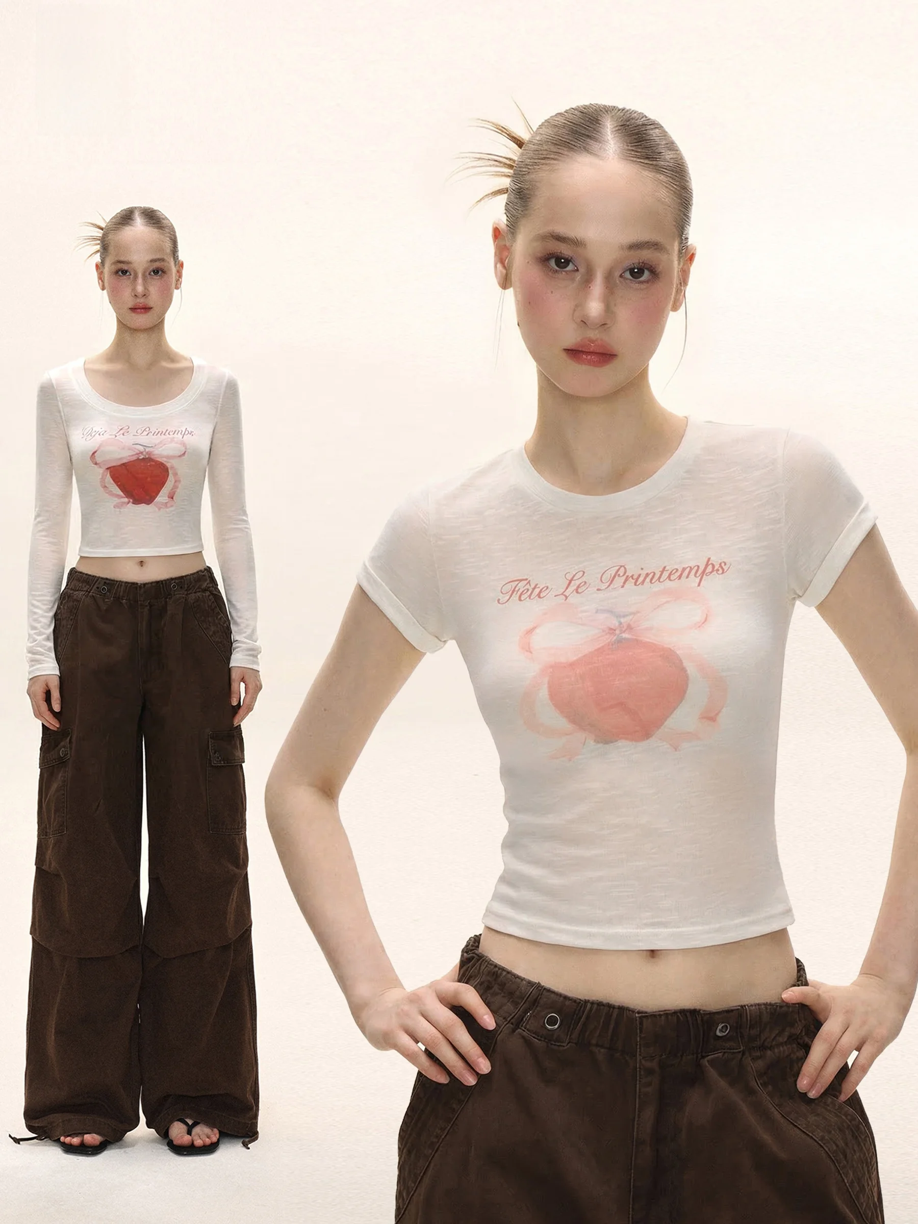 Camiseta de manga corta con estampado estilo americano para mujer, estilo veraniego, microtranslúcida, con efecto picante, de manga larga, con longitud hasta el ombligo, para octubre.