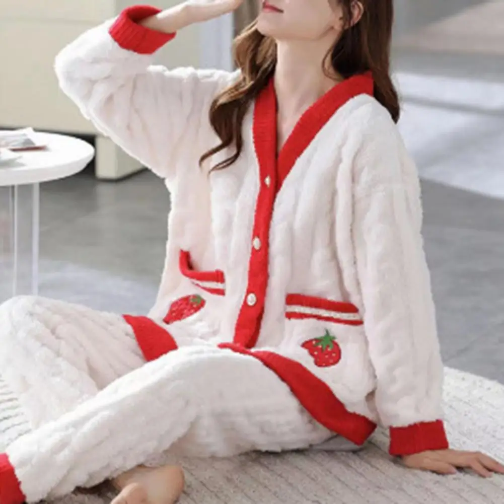 Women Cozy Sleepwear Set Women Coral Velvet Pajama Set Warm Cozy Women's Winter Pajama Set Cartoon Fruit Print Thickened Coral