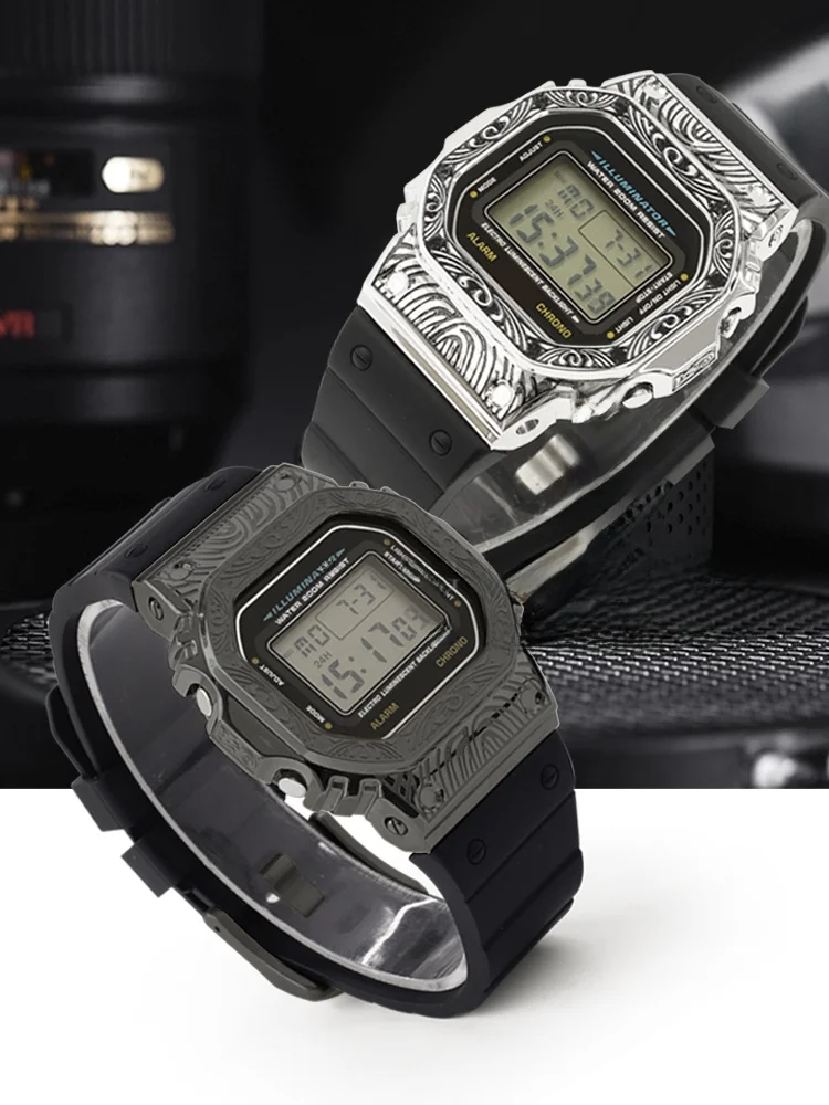 Para casio G-SHOCK pulseira de relógio dw5600 ga2100 DW-5600 5610 GA-2100 2110 masculino modificado retro esculpido pulseira aço inoxidável caixa metal