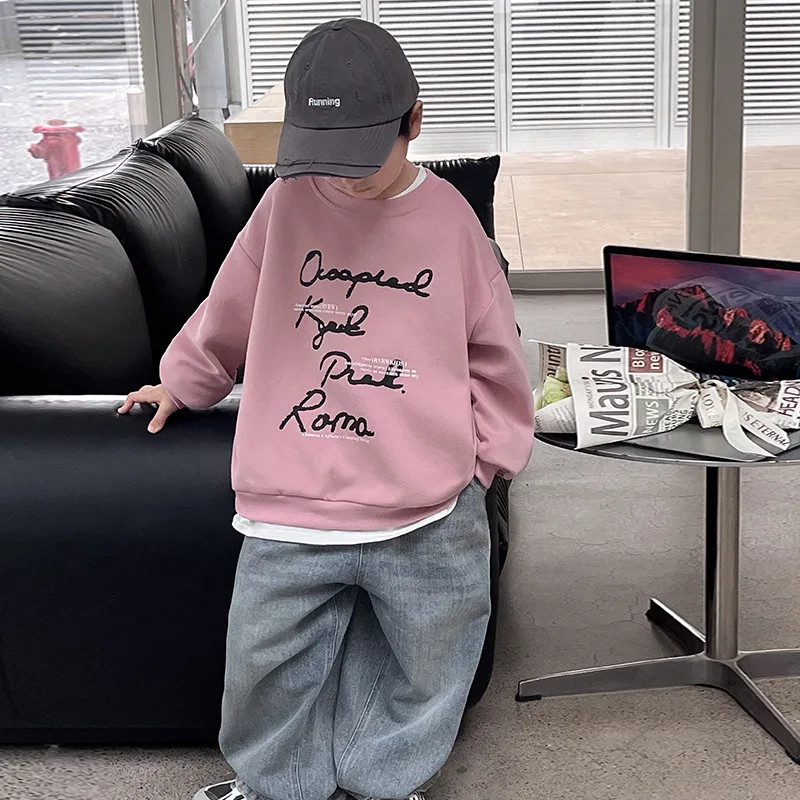 

Children Clothing Fashion Casual Korean Style Top 2024 Spring Autumn New Letter Printed Round Neck Boys Loose All Match Hoodie