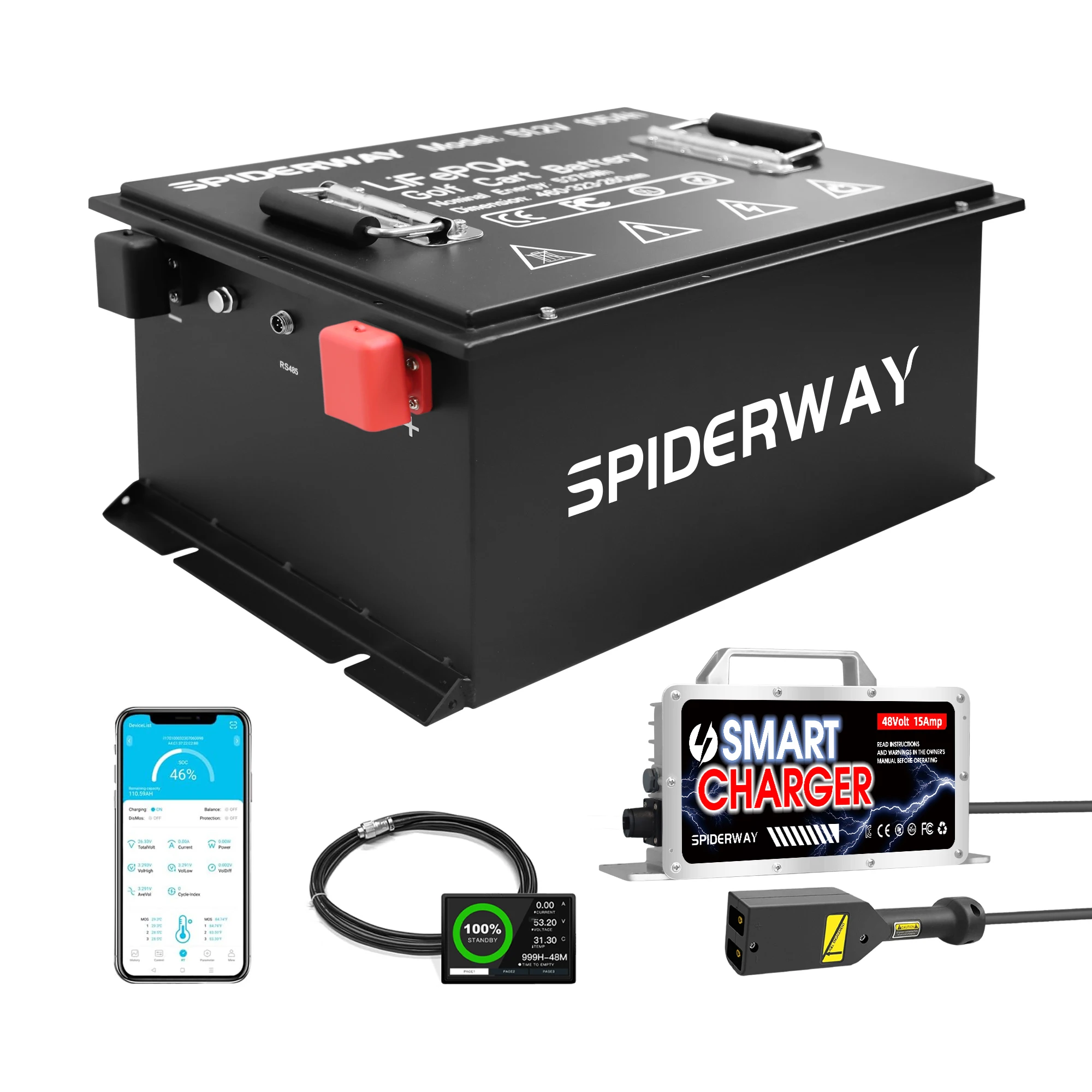 48V 105Ah Golf Cart LiFePO4 Lithium Battery w/ 48V 25A Fast Charger for EZGO TXT, 200A BMS 6000+ Cycle up to 50 Miles