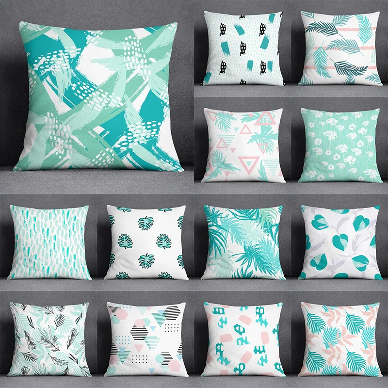 Short plush material pillowcaseAbstract summer fresh mint feather blue and green pattern series pillow bedroom sofa car seat cus
