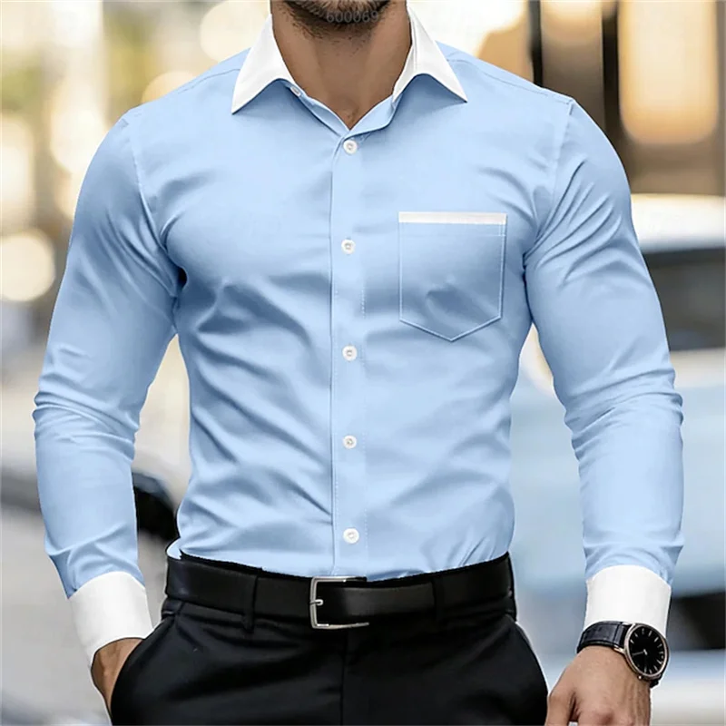 Men's color-blocked long-sleeved stylish casual outdoor everyday spring and autumn collared 3D printed shirt in blue
