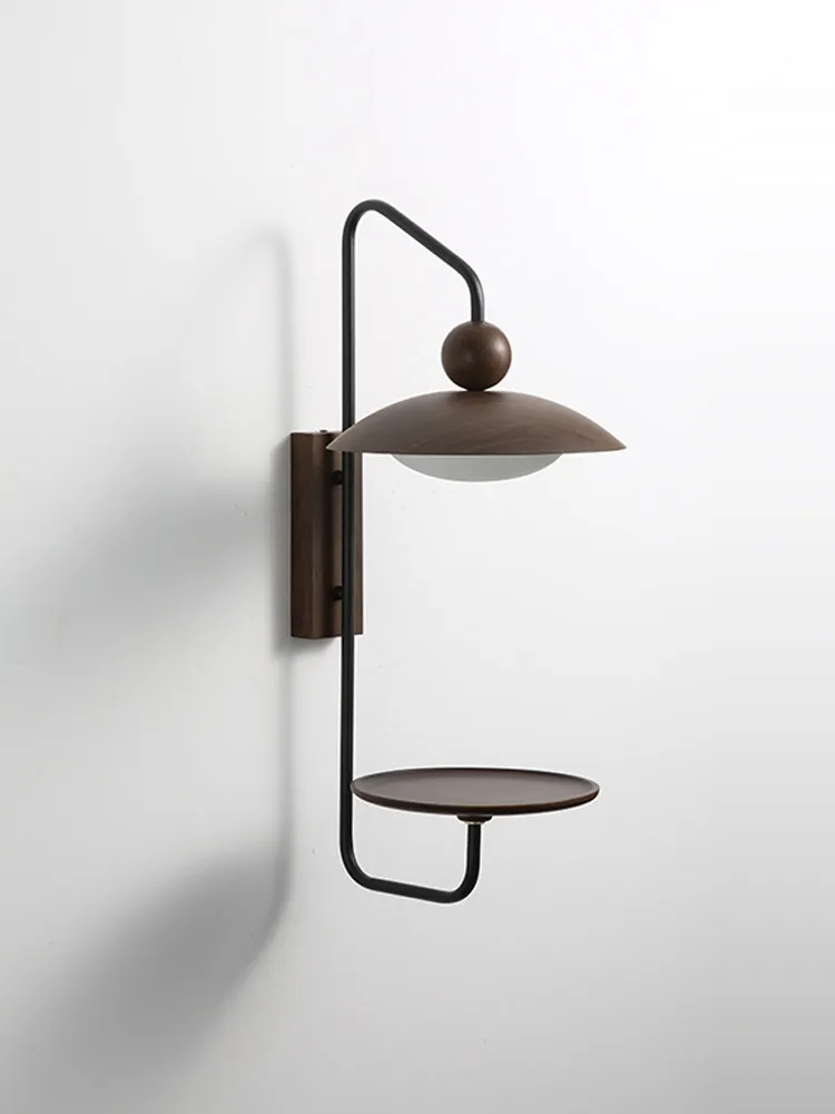 

Vintage Solid Wood Bedside Lamp Walnut Color Japanese Style Shelf Wall Light for Bedroom Study Living Room Background Wall