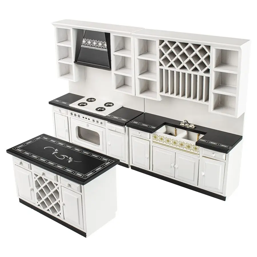 

Scale Mini House Wooden Furniture Miniature Kitchen Cabinet Mini Bar Counter Furniture Set White and Black