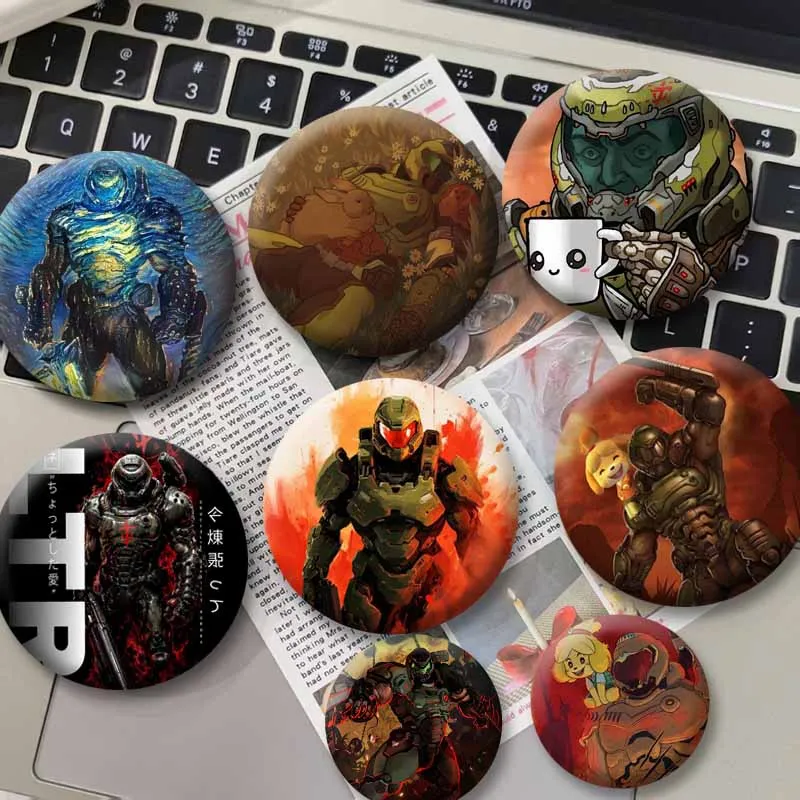 Game D-Doom Slayer E-Eternal Badges Creative Button Pins Round Cartoon Brooch Bag Shoes Hat Decor Jewelry Ornament Collect Gifts
