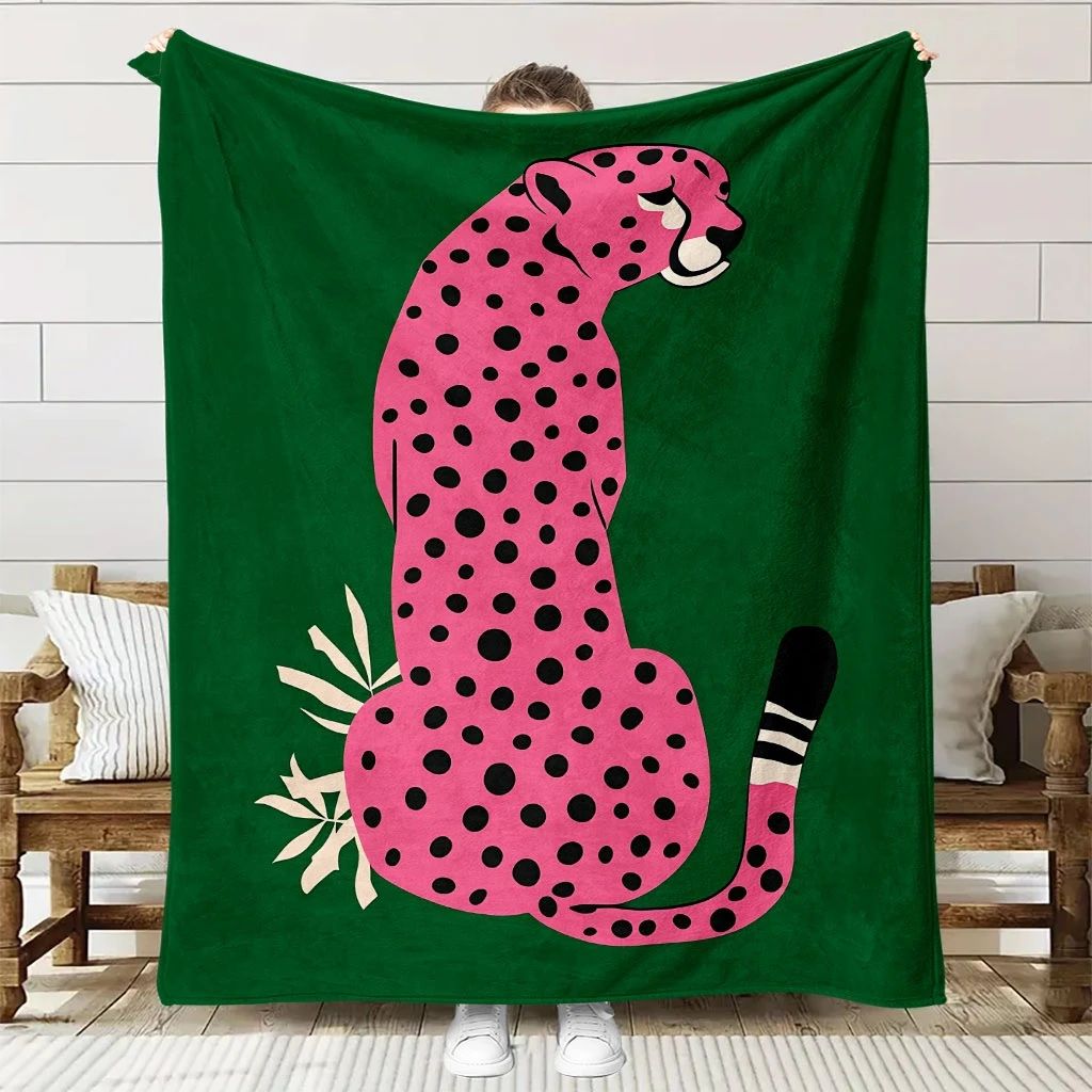 Pink Spotted Cheetah Green Background Print Flannel Throw Blanket Soft Warm Cover For Sofa Bedroom Trendy Animal Decor Gift