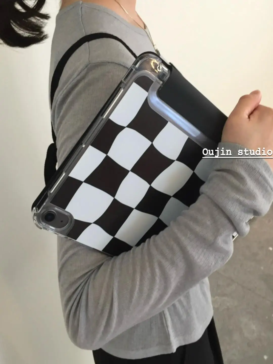 Black Whitw Grid Korea ins Tablet Case For iPad 10 9 8 7 Air 6 7 8 5 4 3 2 Pro 11 13 Mini Three Fold A16 10th 11th Back Cover