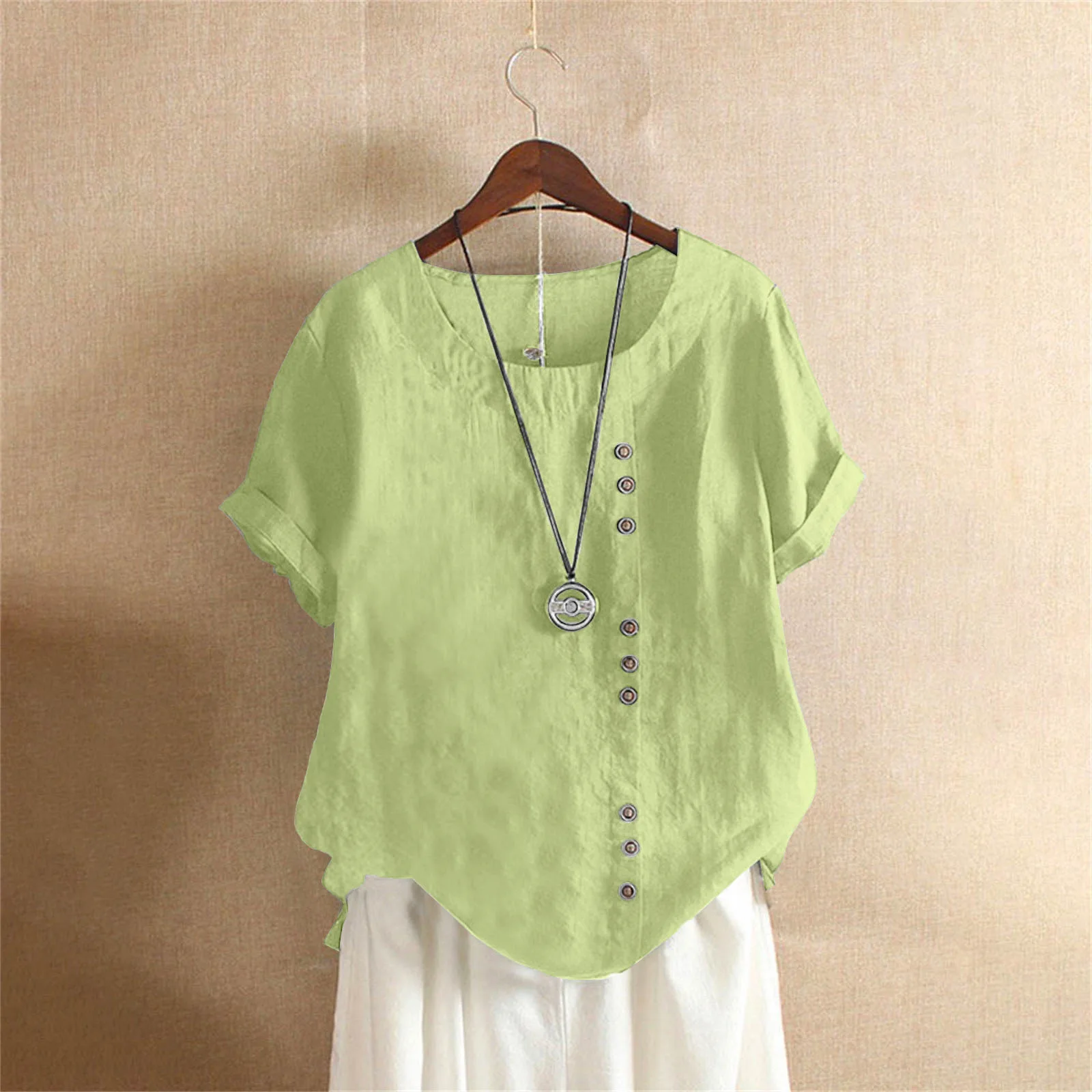Women's Round Neck Short Sleeve Blouse Button Decor Loose Casual Daily Summer Tops