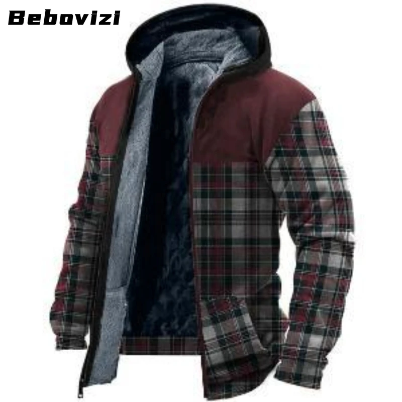 Winter Men Pocket Jackets Fashion Casual Fleece Zipper Hooded Coat Men Print Warm Clothing Chaquetas Hombre Plus Size 4XL 5XL