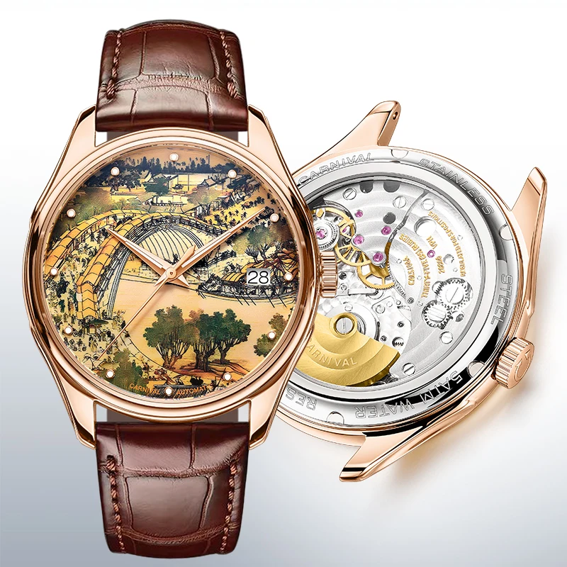 Carnival Watch for Men Chinese Elements Automatic Mechanical Micro Rotor Movement Calendar Stainless Steel Waterproof Sapphire