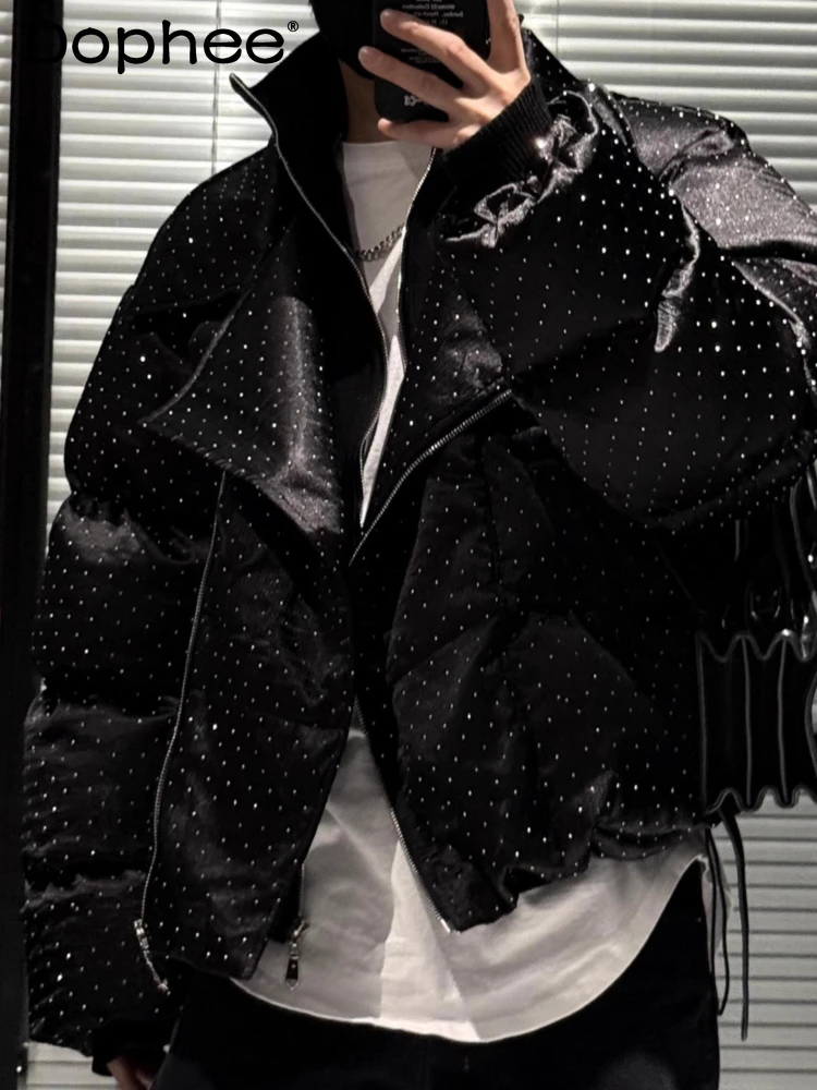 Men's 2025 Winter New Fashion Starry Sky Rhinestone Stand Collar Zipper Parkas Thickened Warm Parkas Trendy Long Sleeve Jackets