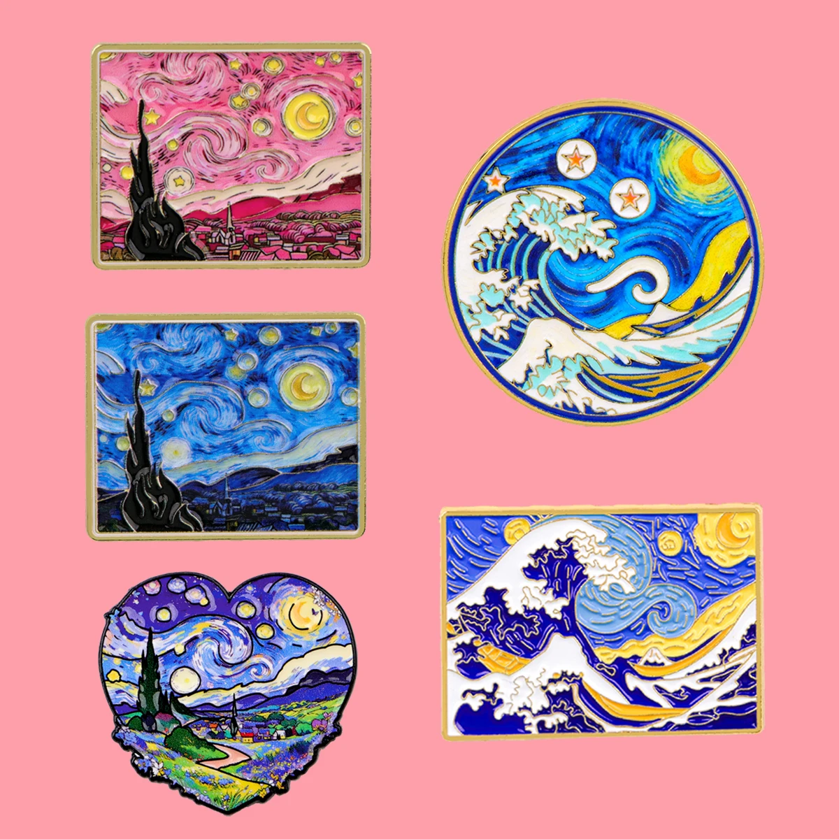 Japanese Wave Oil Painting Enamel Pin Van Gogh Starry Night Lapel Pin Fashion Badge for Bags Denim Hat T-shirt Decoration Gifts