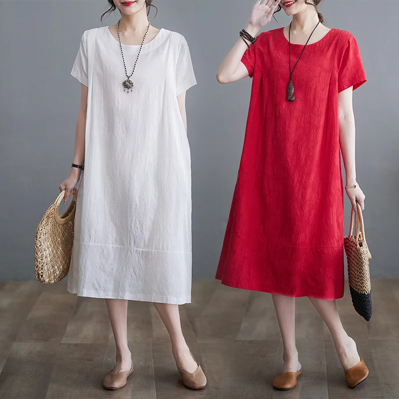 

Summer 2024 Women's Floral Embroidery Dress Breathable Slimming Short Sleeve Travel Korean Style plus Size Long Skirt