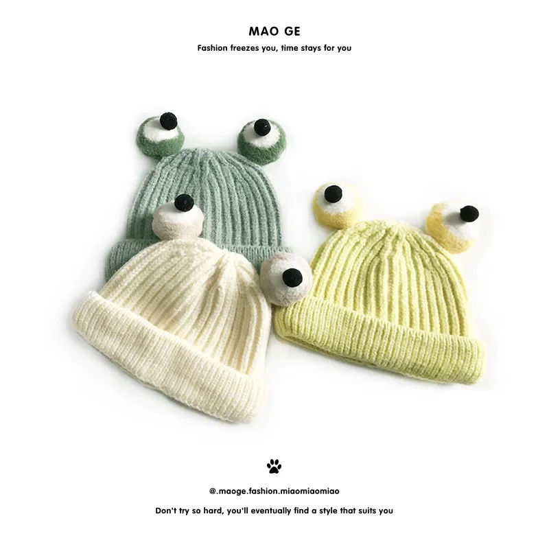 Candy Color Cute Frog Woolen Hats Kids Warm Knitted Caps Children Funny Cartoon Kawaii Bomber Hats Children Hat for Girls Boys