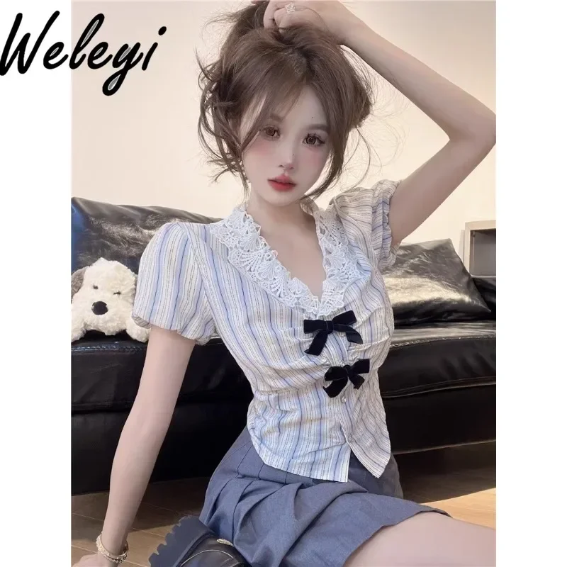 

Kawaii Summer Vintage Bow Cute Shirts Sweet Cool Striped Lace Stitching Short Sleeved Top Female Hot Girl Short Camisas E Blusas