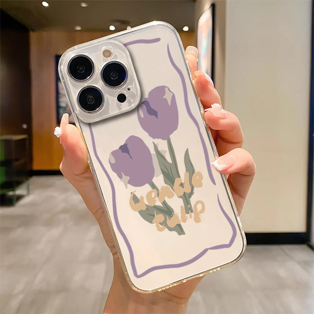 Cute Purple Tulips Transparent Soft TPU Silicone Phone Case For iPhone 16 11 12 13 14 15 Pro Max