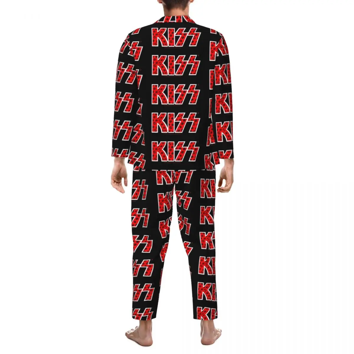 Kiss Band Sleepwear Autumn Black Lips Logo Vintage Oversized Pajamas Set Mens Long Sleeve Kawaii Leisure Custom Nightwear