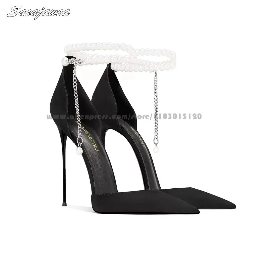 

Sheep Suede Pearl Chain Stiletto High Heels 2025 Pointed Toe Sexy Lady Grace Party Sandals Size 33-41 Shallow Sexy Pumps