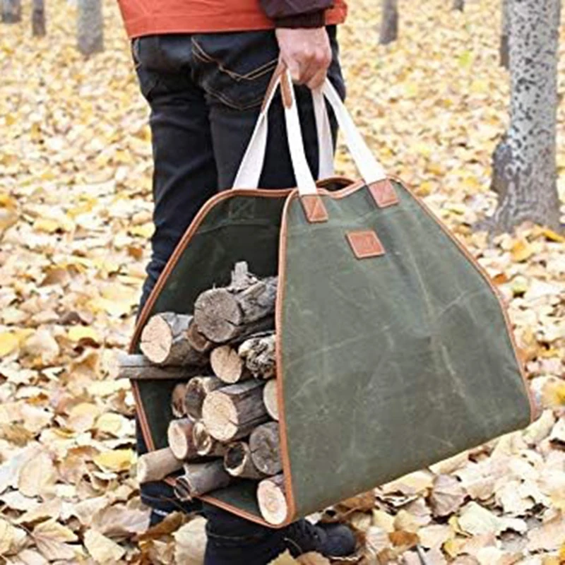 Canvas Log Carrier Bag,Durable Wood Tote,Fireplace Stove Accessories ,Firewood Holder With Handles For Camping Armygreen