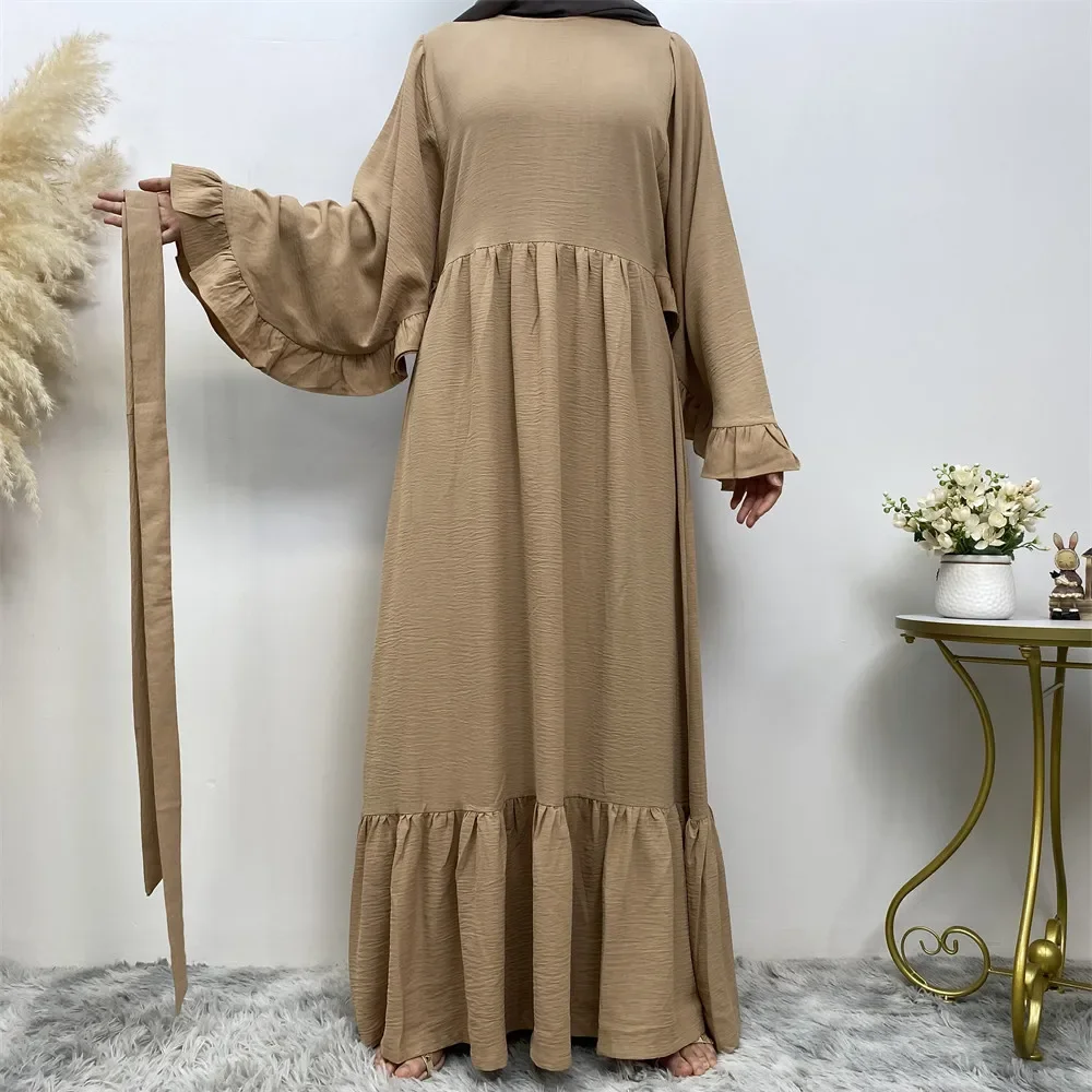 

Muslim Dress Fashion Femme Robes Islamic Turkey Dubai Abayas Ruffling Edge Lace-up Long Sleeve Evening Party Abayas for Women