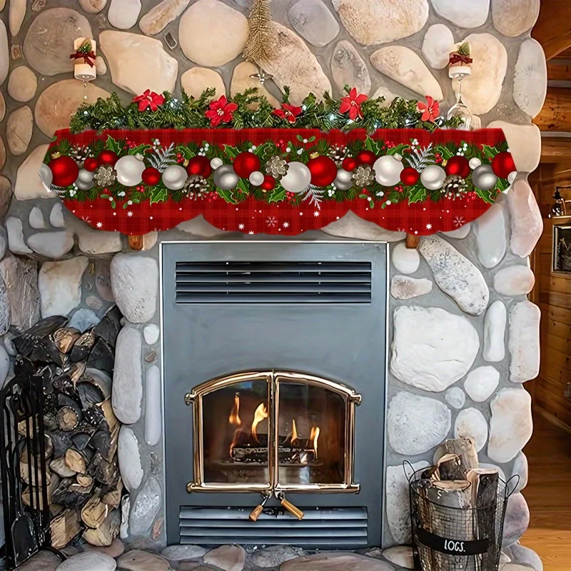 VIKAMA Christmas Fireplace Mantel Scarf Red Plaid Bauble Poinsettia Mantel Topper Xmas Fireplace Shelf Cover Farmhouse Decor