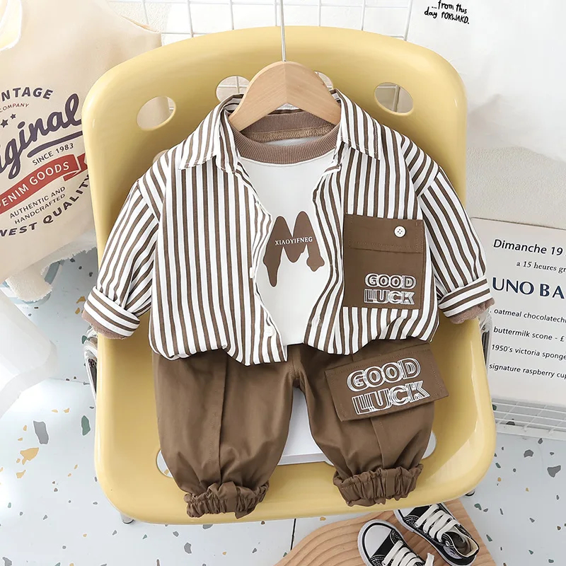 New Spring Children Clothing Boys Clothes Fashionable Stripe Pocket Outwear T-shirt Pants 3 PCS Outfits Baby Casual Kids Suits