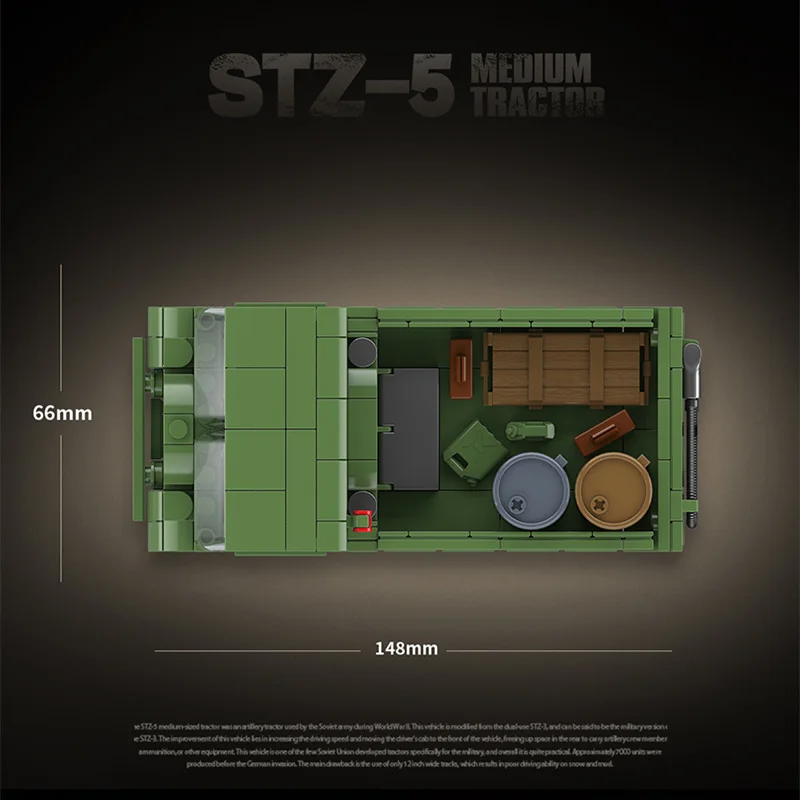 100289   Tractor de artillería STZ5 del ejército soviético, juguete de construcción para niño, modelo ensamblado, pistola antiaérea, coche blindado de la Segunda Guerra Mundial
