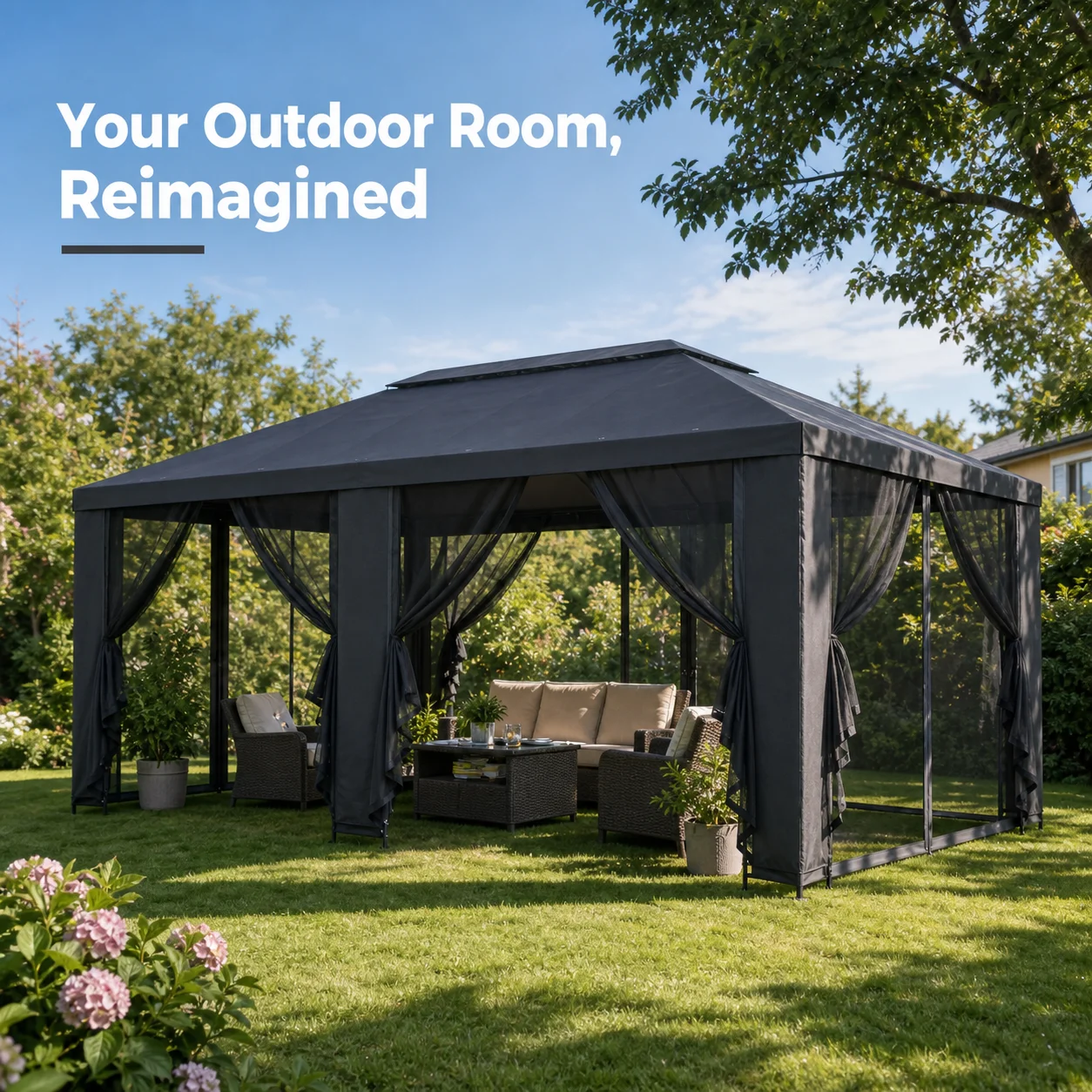 6x3m Pavillon mit Seitenwänden Anthrazit Polyester Stahl Outdoor-Pavillon Terrassenüberdachung