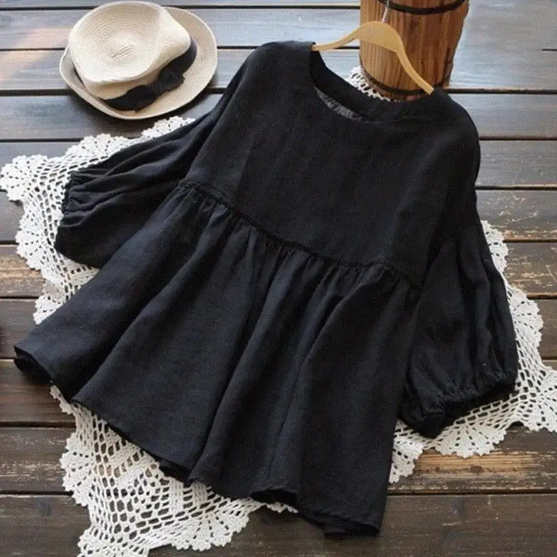 2024 Summer Women Fashion Ruffled Simple Casual Cotton Blouses Vintage Solid Loose Shirts Female Kawaii O Neck Short Sleeve Tops