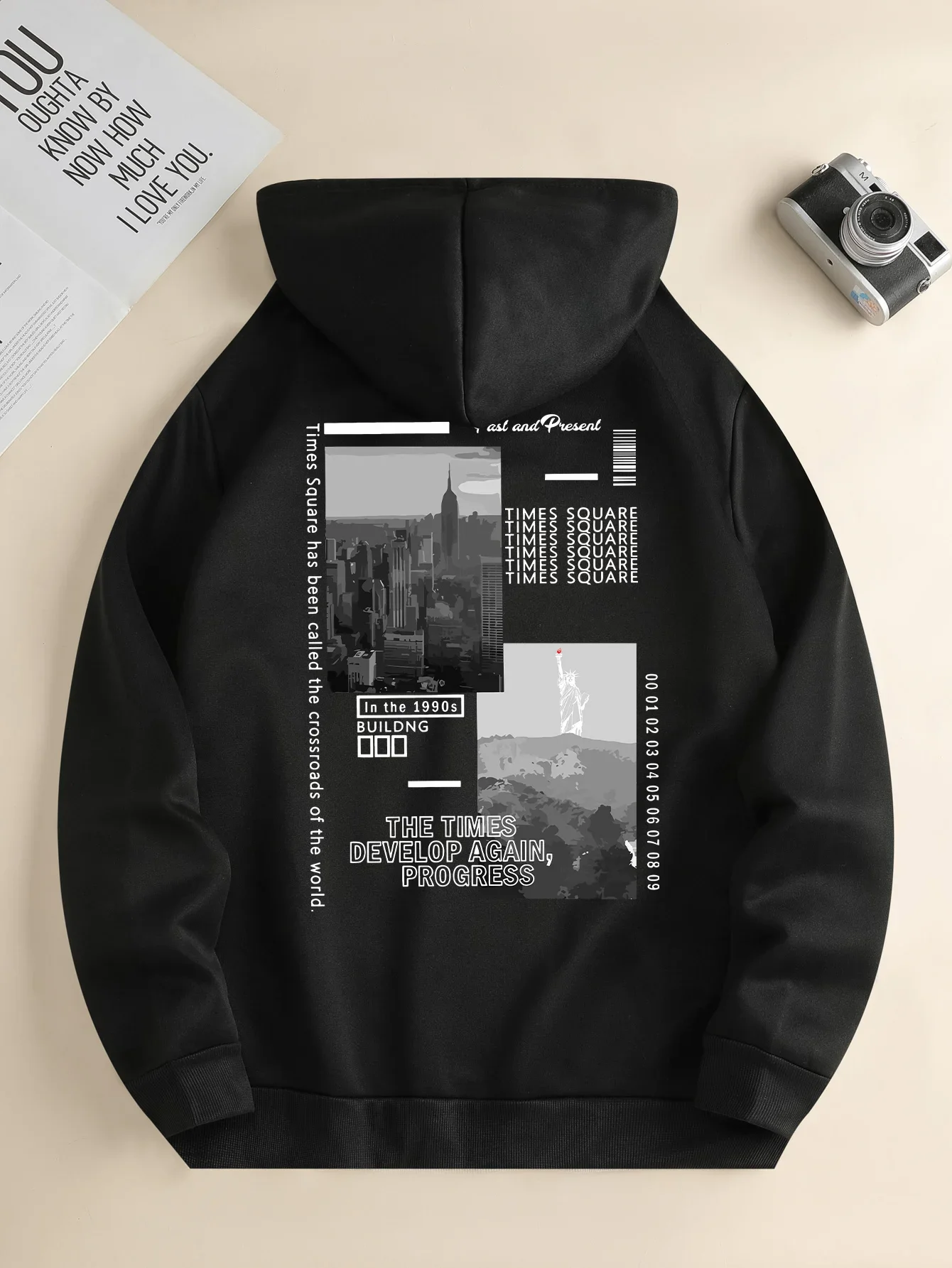 Men's new hoodie, casual daily drawstring hoodie with street view print, front kangaroo pocket, men's hoodie jacket