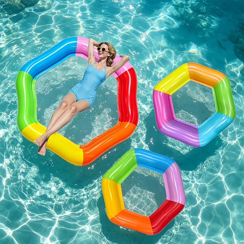 New Hexagon Colorful Inflatable Water Float Thick PVC Large Double Person Pool Lounger For Outdoor Beach Swimming Entertainment