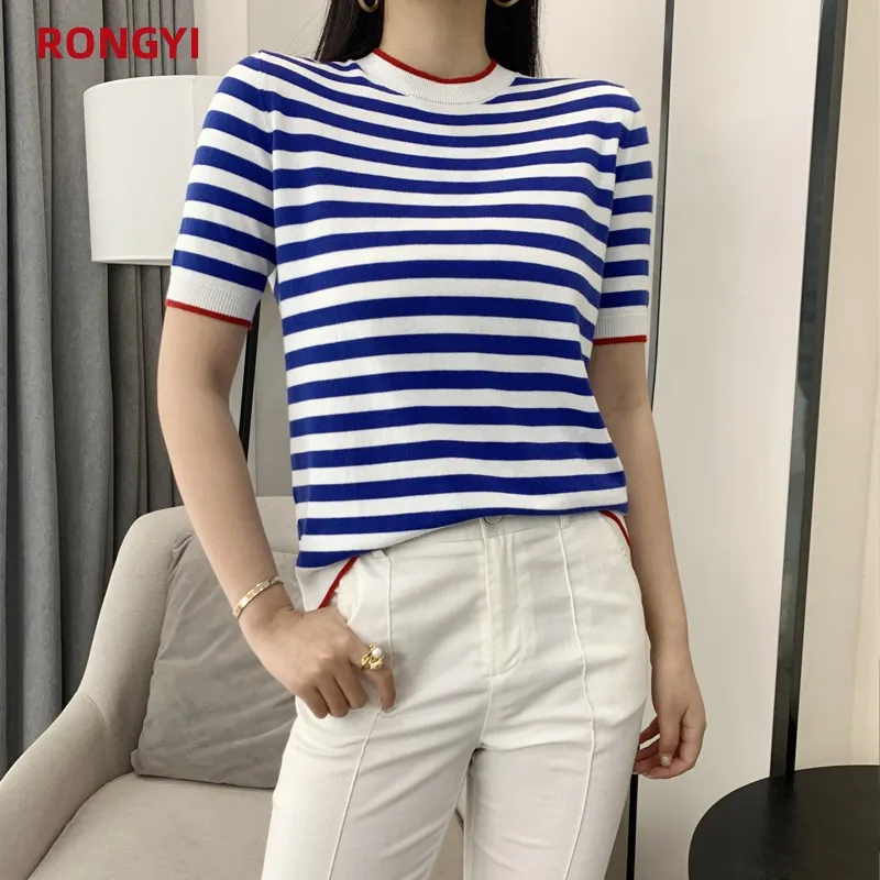 RONGYI Summer Women\'s O-Neck Striped 100% Cotton Short Sleeve T-Shirt With Loose Pullover Casual Knit Top High Quality 5 Sizes