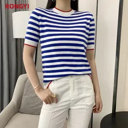 RONGYI Summer Women's O-Neck Striped 100% Cotton Short Sleeve T-Shirt With Loose Pullover Casual Knit Top High Quality 5 Sizes