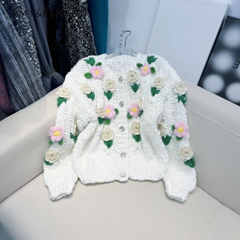 Korean Autumn Winter Sweater Handwoven Three-dimensional Crochet Flower Thick Stick Needle Knitted Sweater Thickened Coat Female